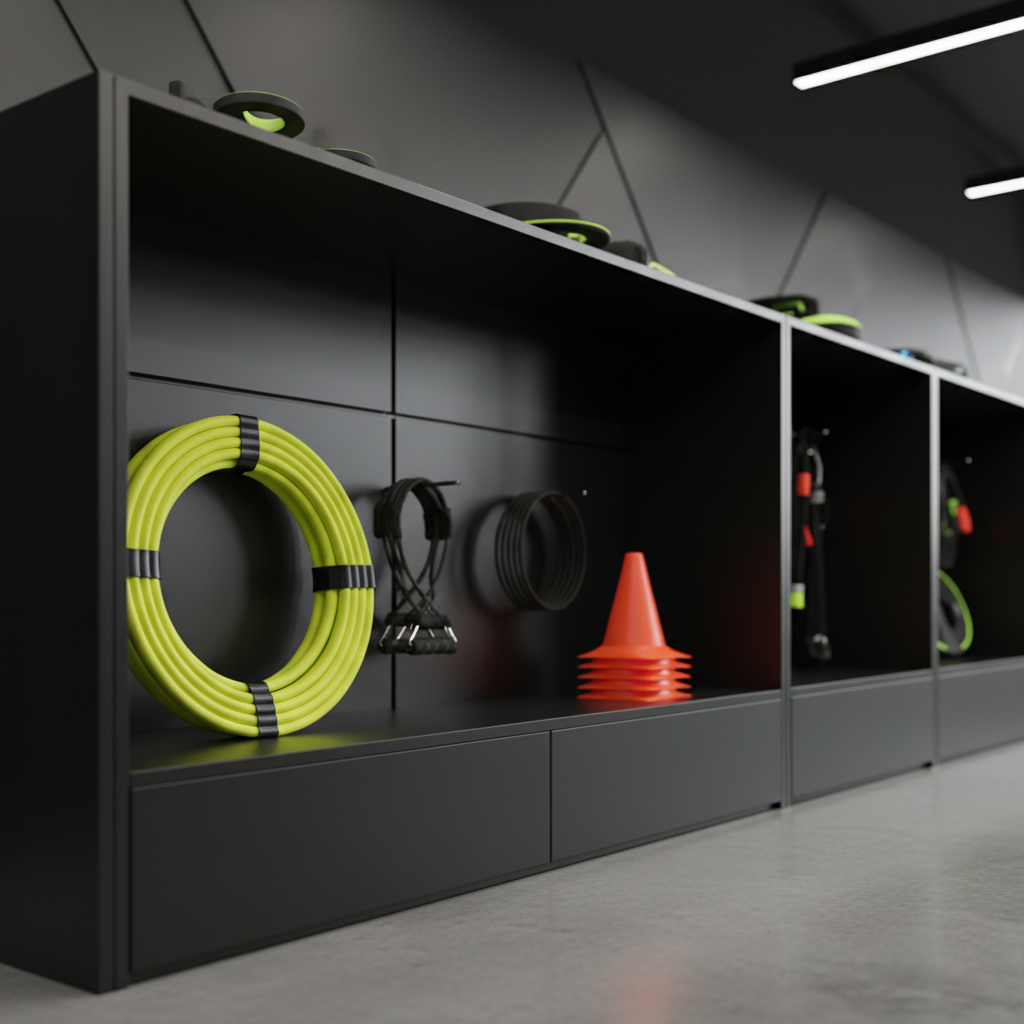 A neatly organized display of advanced sports training aids arranged on sleek matte-black shelving in a modern retail space. Close-up focus on a high-tech agility ladder with bright yellow rungs made of durable composite, coiled resistance bands with textured rubber grips, and precision-marked training cones in vivid orange. The environment features a polished concrete floor and a dark charcoal wall with subtle geometric patterns. Soft, even studio-style lighting from above creates gentle reflections on plastic and metal surfaces, with minimal shadows. Shot at eye level with a shallow depth of field, the front products are in sharp photographic realism while the background gradually blurs, creating a professional, clean, and performance-focused atmosphere for a sports technology store homepage hero image.