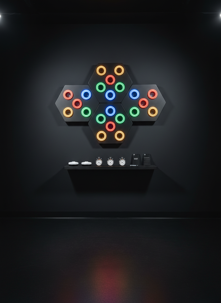 A specialized reaction and coordination training station set against a dark, matte wall in a dedicated performance lab. A hexagonal reaction light panel with multiple circular LED targets glows in varied colors, mounted at eye level above a narrow carbon-fiber shelf holding neatly arranged stopwatches, wireless sensor pods, and slim NFC tags. Below, a smooth black rubber floor with subtle sheen reflects small hints of the LED colors. Controlled, studio-grade lighting illuminates the devices without overpowering the glow of the reaction lights, creating a dynamic interplay of brightness and shadow. Shot straight-on with symmetrical framing and sharp focus, the photographic realism and high-contrast environment create a focused, technical, and slightly futuristic mood, ideal for showcasing niche sports technology products for elite training facilities.