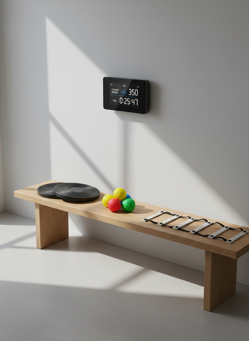 A precision-designed home training corner featuring a compact, wall-mounted smart performance monitor with a crisp digital display, surrounded by neatly arranged sports training aids. On a light oak wooden bench sit a pair of sleek black balance discs with subtle texture rings, a set of color-coded reaction balls, and a slim agility ladder folded with clean lines. The space has a smooth light-gray wall and a minimalist, uncluttered layout. Gentle morning daylight filters in from an off-frame window, creating soft, natural highlights and faint shadows that add depth without harsh contrast. Photographed at a slightly elevated, three-quarter angle with rule-of-thirds composition, the image feels calm, professional, and aspirational, ideal for showcasing how advanced sports technology can fit into a refined home training setup.